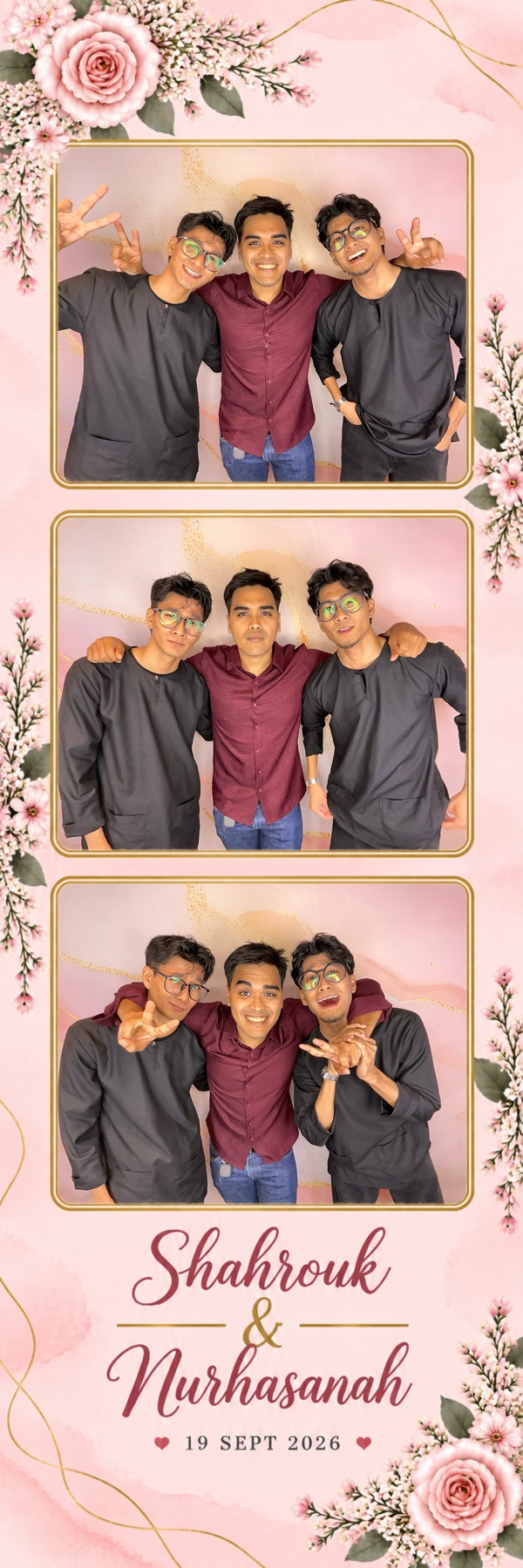 Real three-photo wedding strip for Shahrouk and Nurhasanah