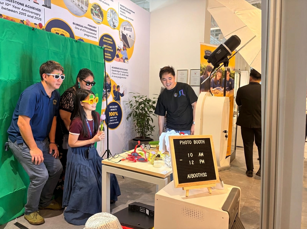 AIBOOTHSG photobooth setup with guests posing at a school event in Singapore