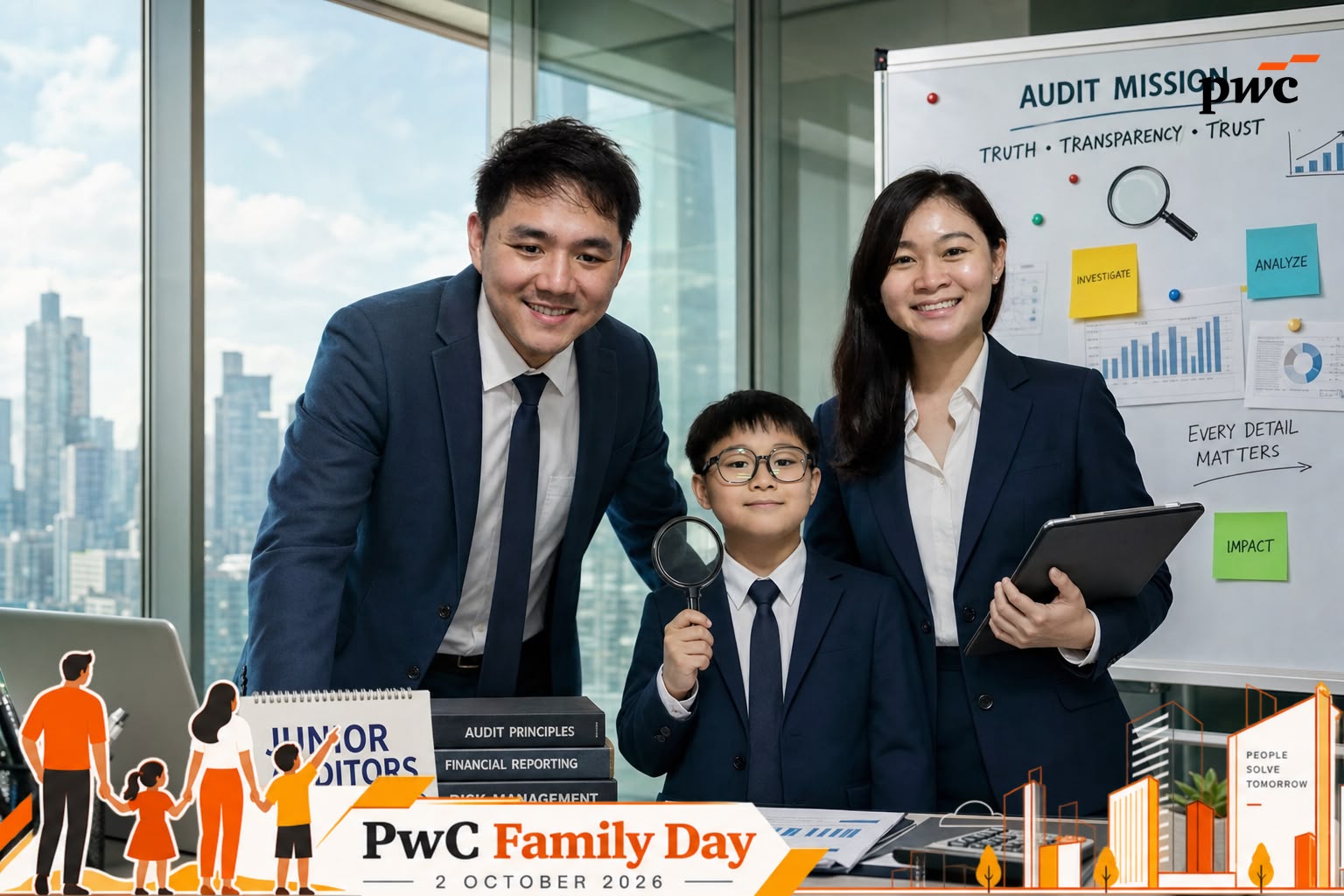 Family of three in a custom junior auditors AI portrait for PwC Family Day