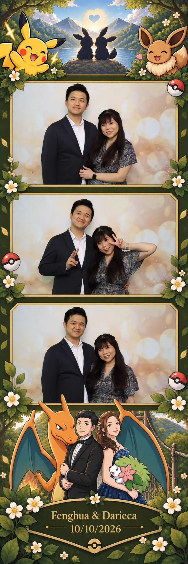 Customised 2x6 wedding photo strip with three photos, illustrated couple artwork and the date 10/10/2026