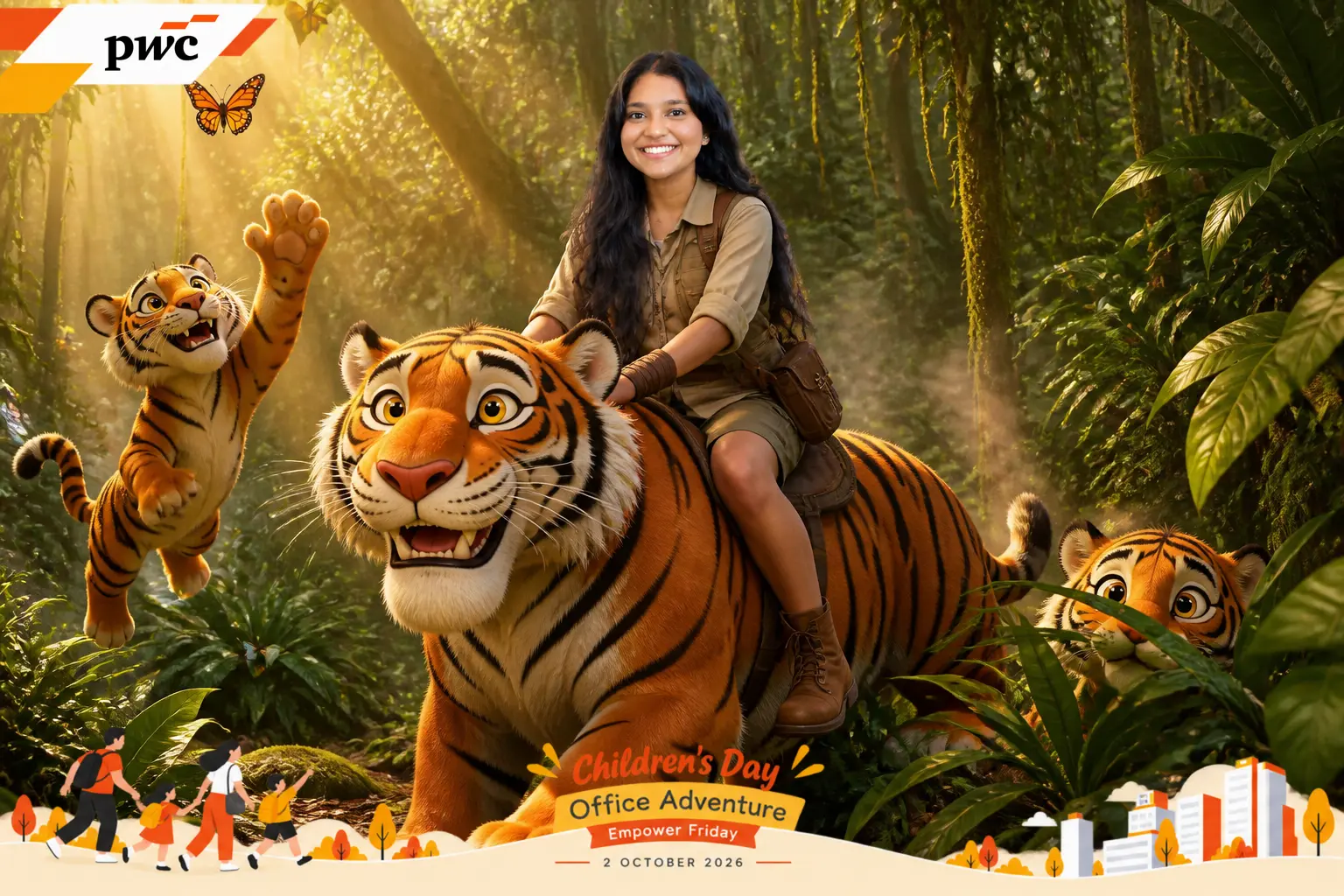 Guest riding a tiger in a jungle AI portrait from PwC Children's Day