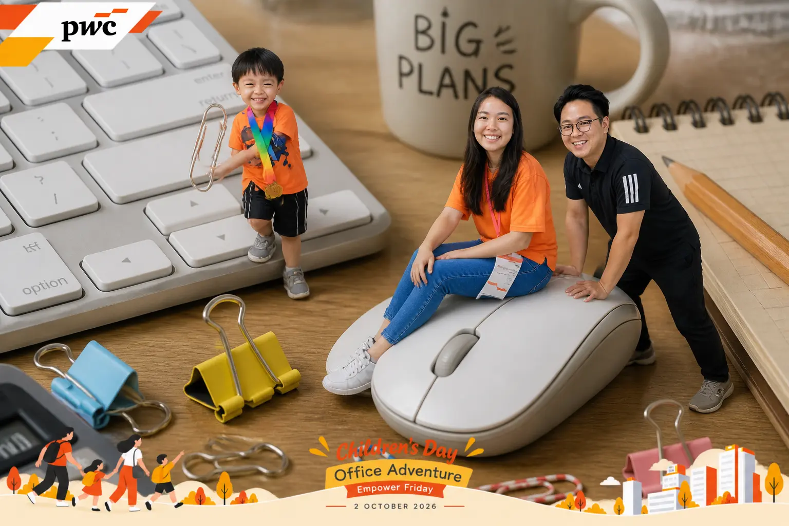 Child standing on an oversized keyboard in a PwC Children's Day AI portrait