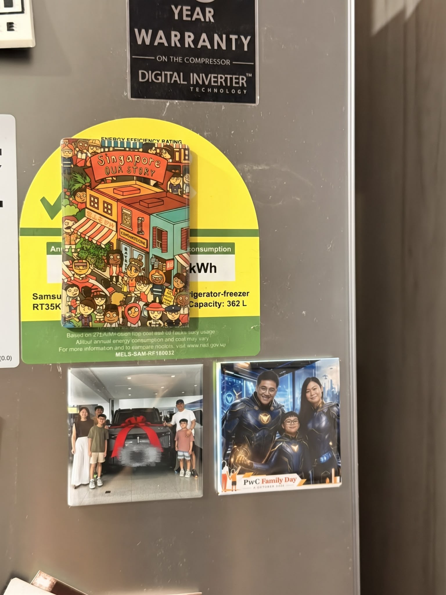 Photobooth photo magnets on a home fridge