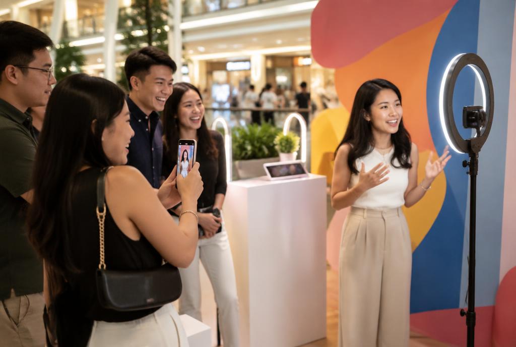 Guests stopping at an interactive booth in a Singapore shopping mall atrium