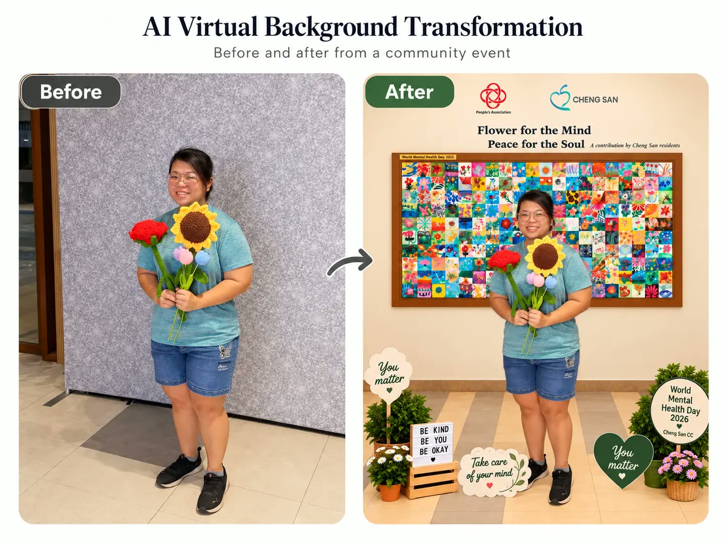 Before and after: guest holding crocheted flowers in front of a grey backdrop, then placed in a customised Cheng San community art wall scene