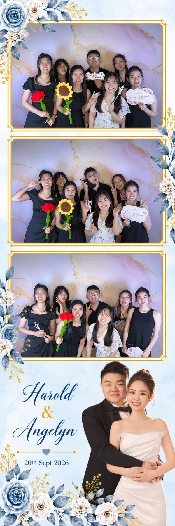 Wedding guests posing together in a real three-photo strip for Harold and Angelyn