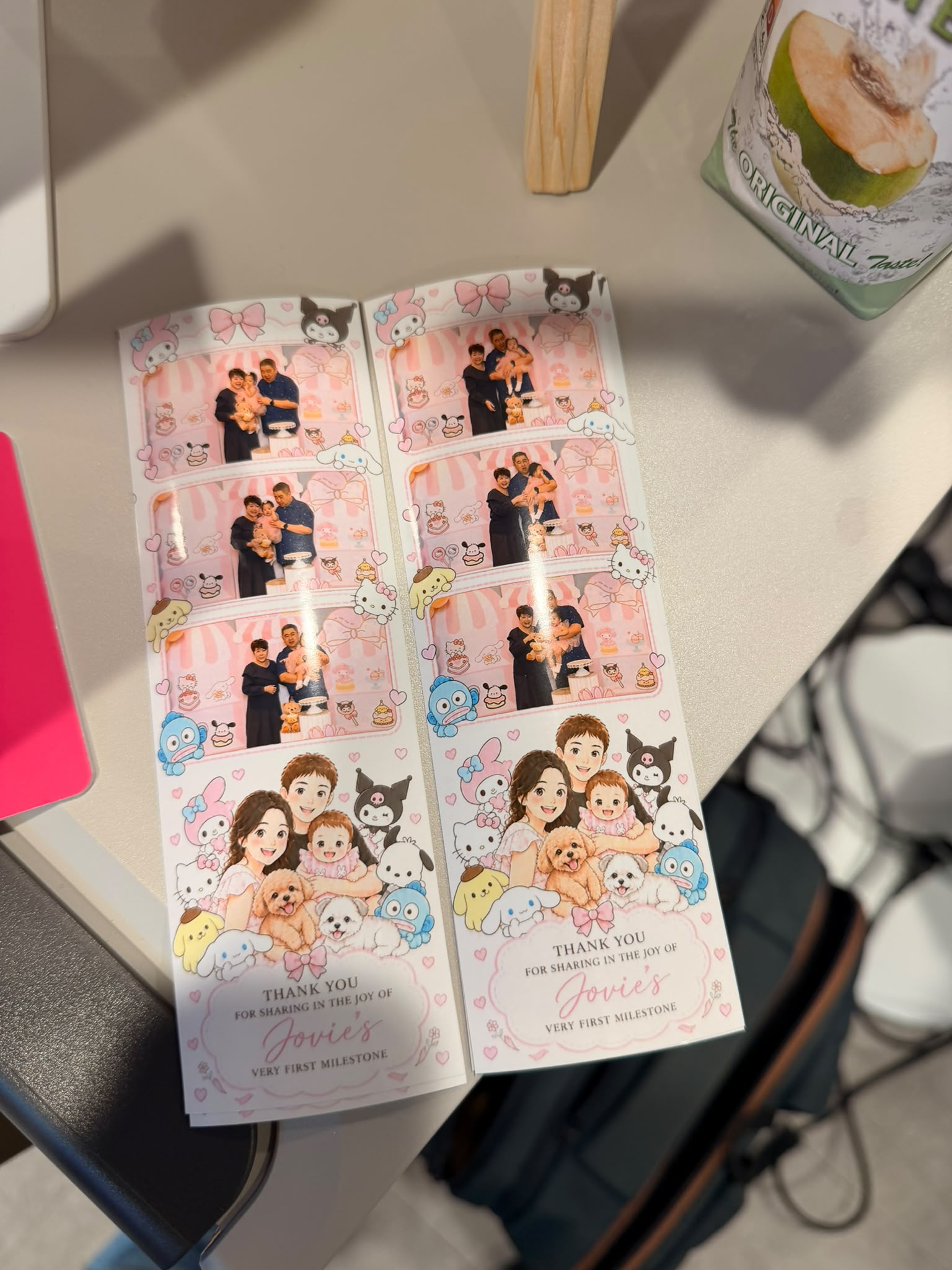 Custom 2x6 photo strips printed for a first birthday party