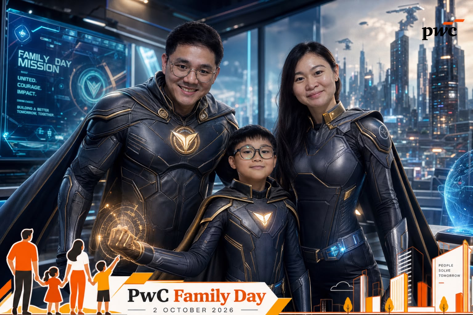 Family of three in superhero costumes in an AI transformation for PwC Family Day