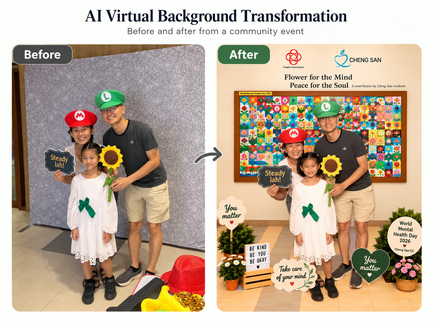 Before and after: family in Mario and Luigi caps in front of a grey backdrop, then placed in a themed World Mental Health Day 2026 scene at Cheng San