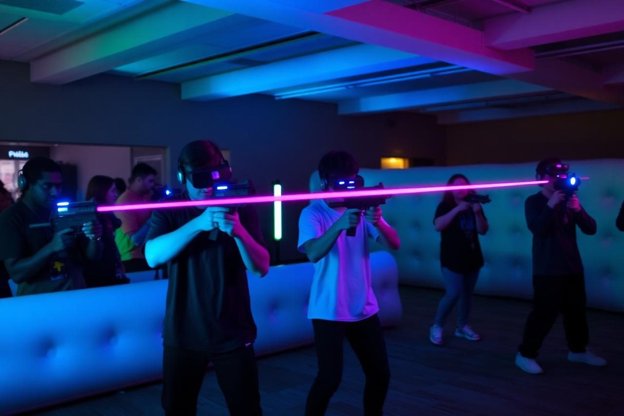 Players in an augmented reality laser tag arena with neon lighting