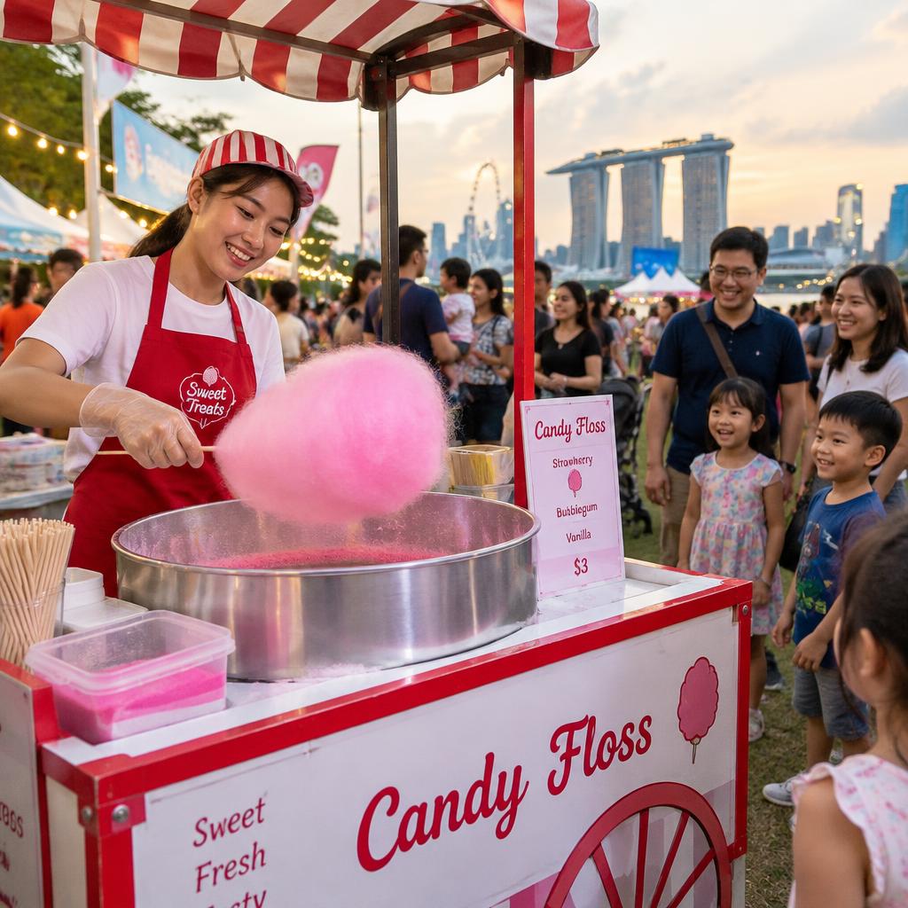 Candy floss cart rental Singapore carnival — freshly spun pink cotton candy made live for guests